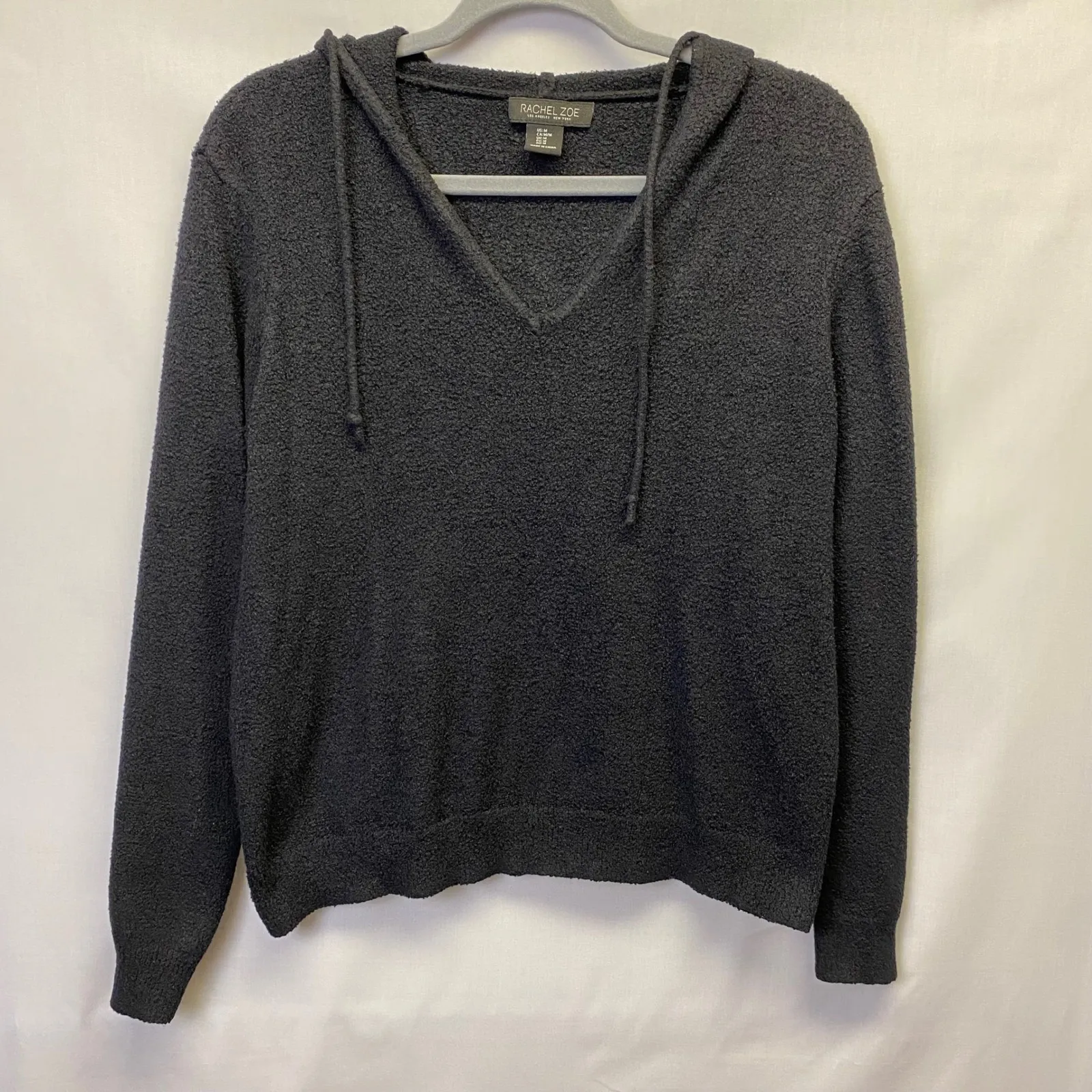 Rachel Zoe Black Boucle Knit Hoodie Sweater V-Neck Cozy Pullover Women's M - Image 2