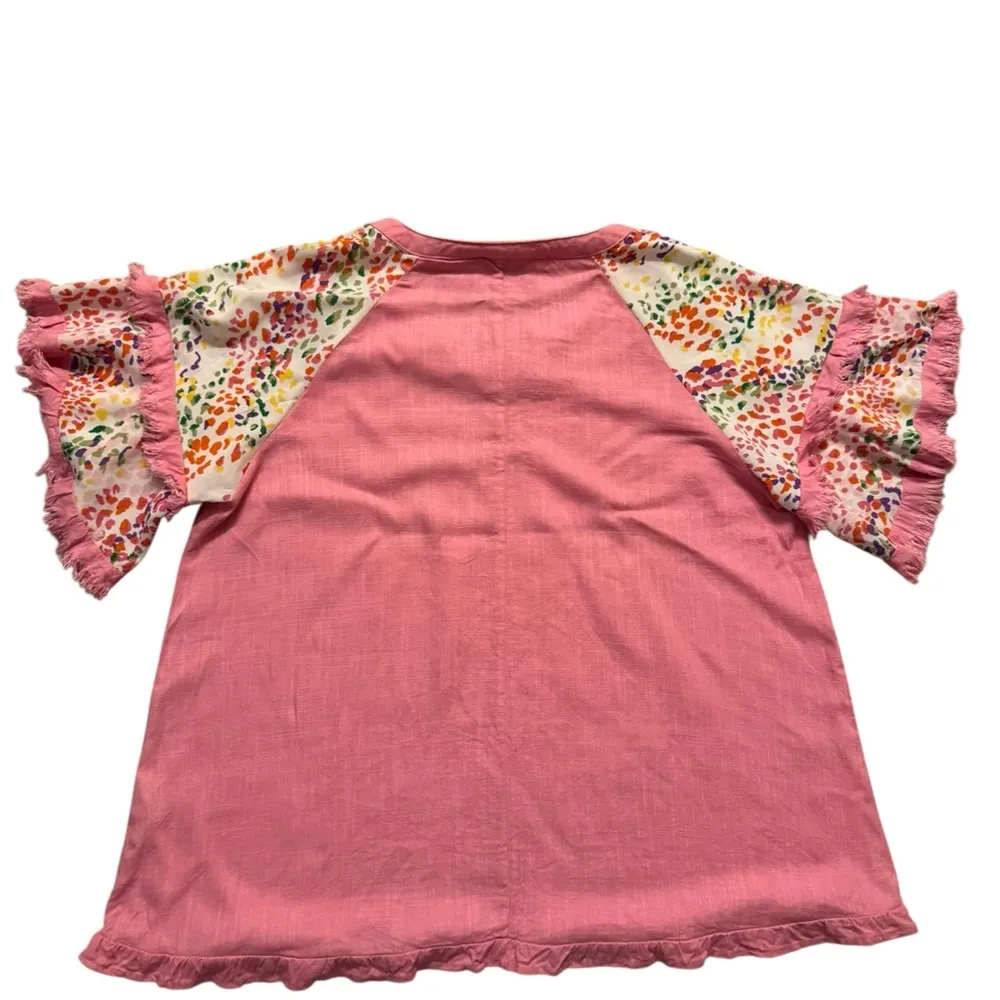 Umgee Blouse Womens 1XL Short Sleeve Pink Frayed Ruffled Cheetah Top Boho.   C42 - Image 5