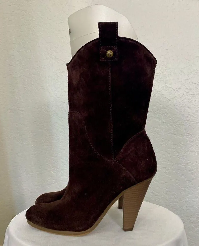 AEO Boho Brown Suede Leather Western Cowboy Mid Calf Heeled Boots US 7 - Image 8