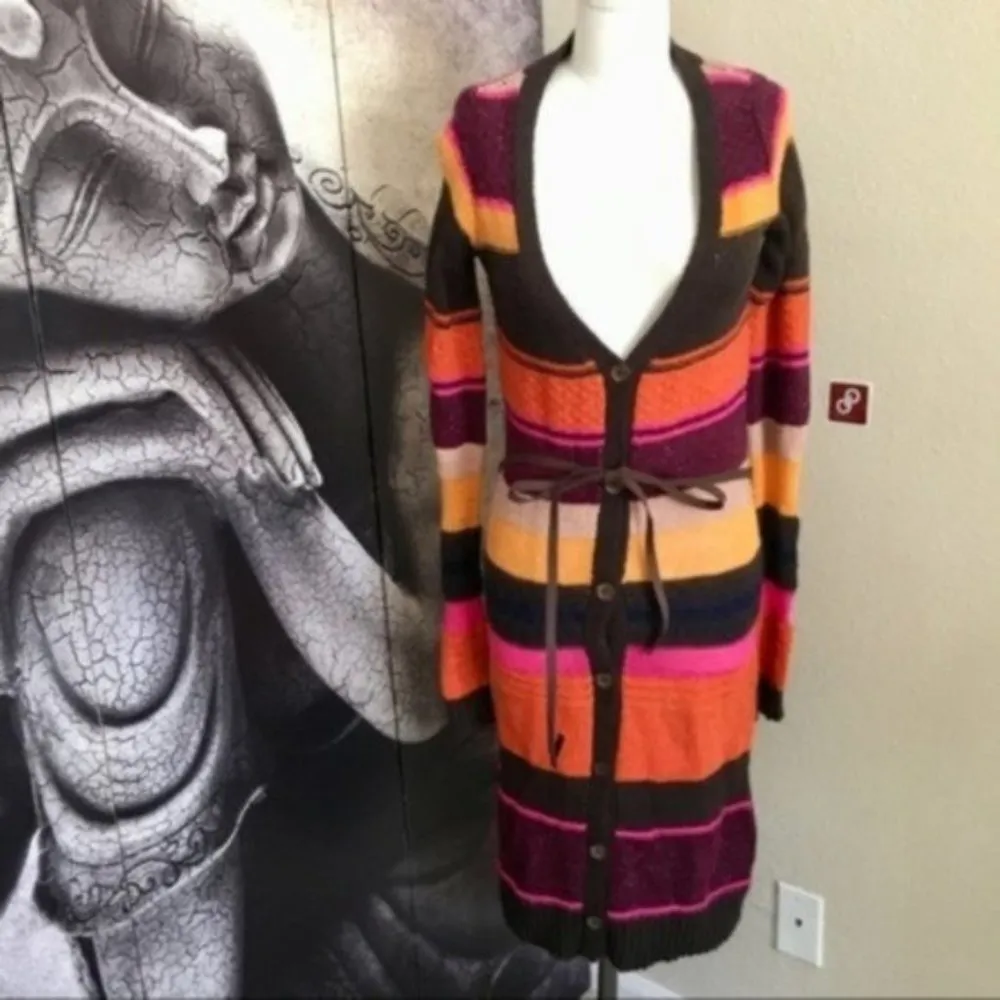H&M Long Cardigan XS NWT Wool Striped Belted Tunic Colorful Striped Cozy Warm - Image 3