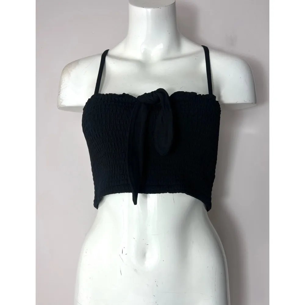 Express x Rocky Barnes Black Smocked Bow Tie Front Crop Top Stretchy Size L - Image 10
