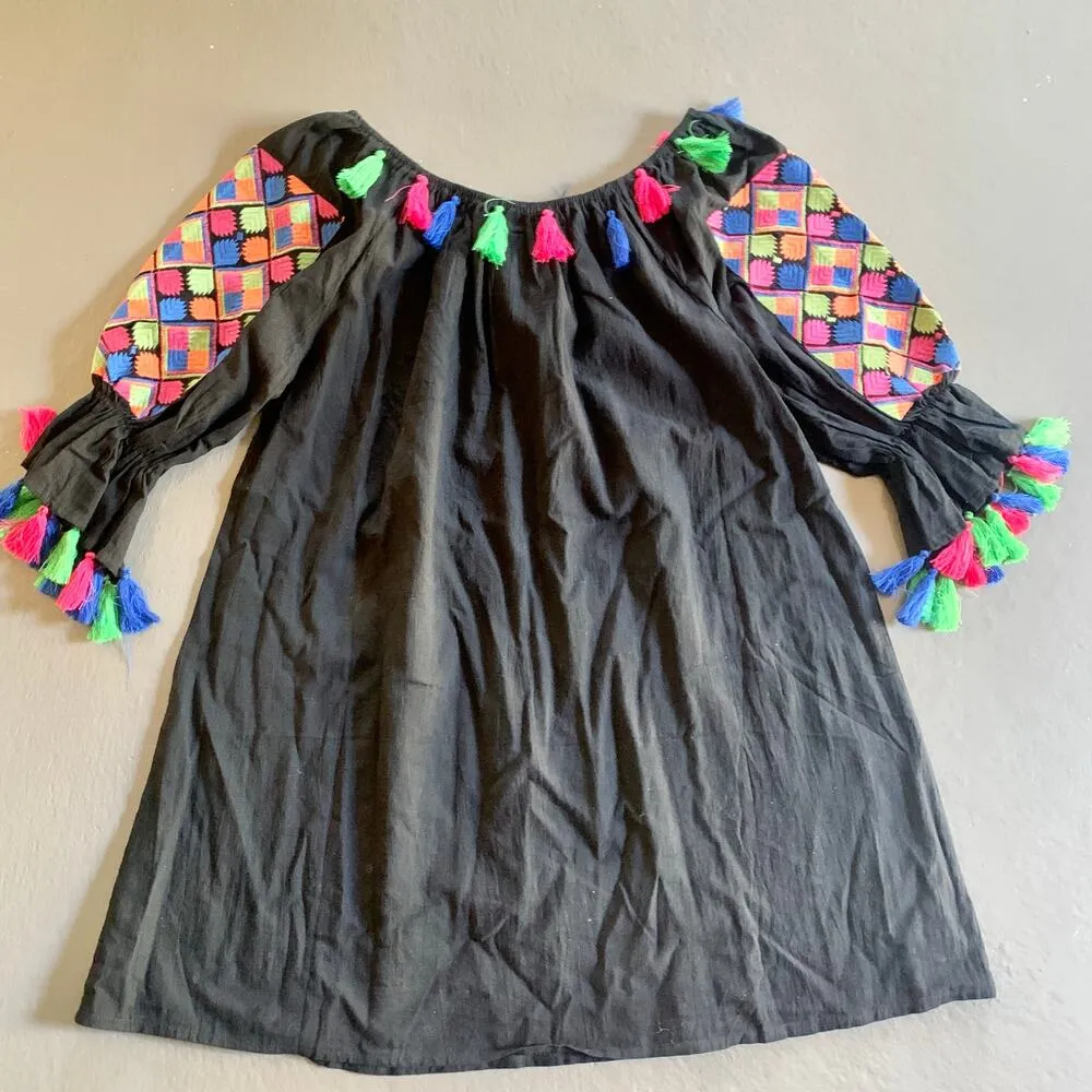 Velzera Black Cotton Fringe Tunic Top Mini Dress 2XL Tasseled Flowy - Image 4