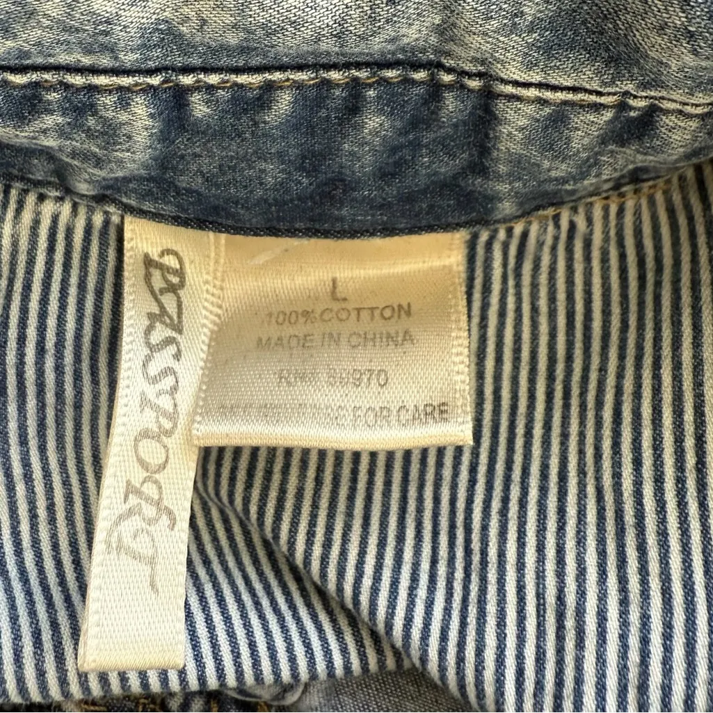 Passport Acid Wash Denim Button Front Western Shirt Long Sleeve Size Large Blue - Image 8