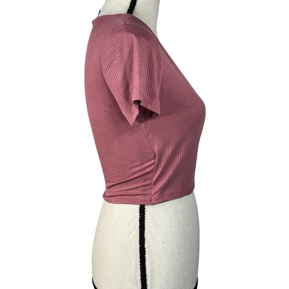 Lulus X-Small Crop Top Tie Surplice V-Neck Ribbed Stretch Short Sleeves Mauve - Image 3
