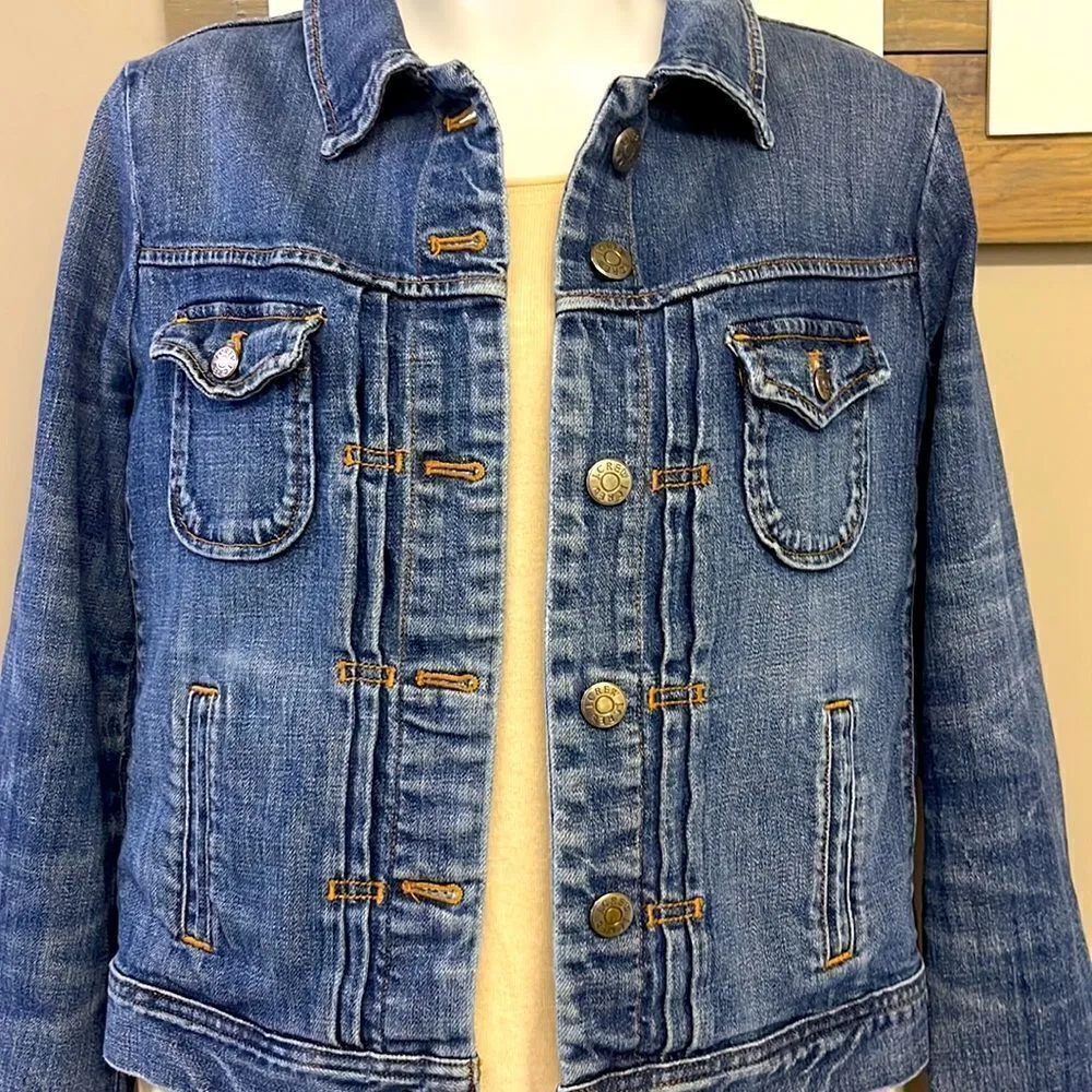 J CREW Blue Denim Jean Jacket with Button Closure and Distressed Accents- Small - Image 3