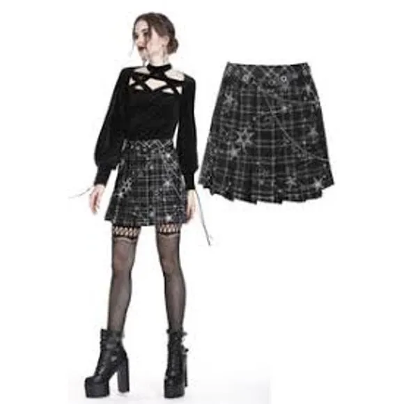 DARK IN LOVE Dolls Kill Mini Plaid Skirt KILT GOTH WHIMSY STARS Small S Black - Image 2