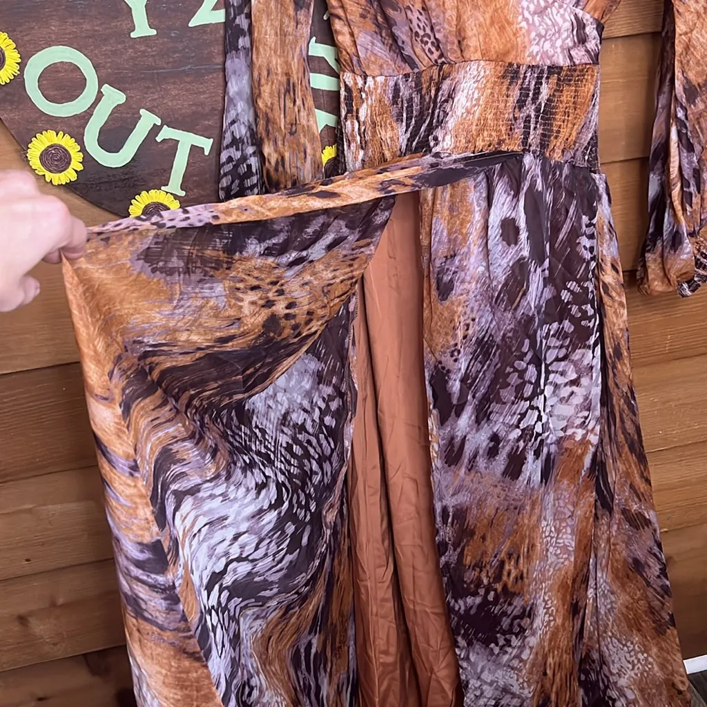 NWT ASOS Leopard Sheer Backless Puff Sleeve Maxi Dress Purple Long Sleeve V Neck - Image 3