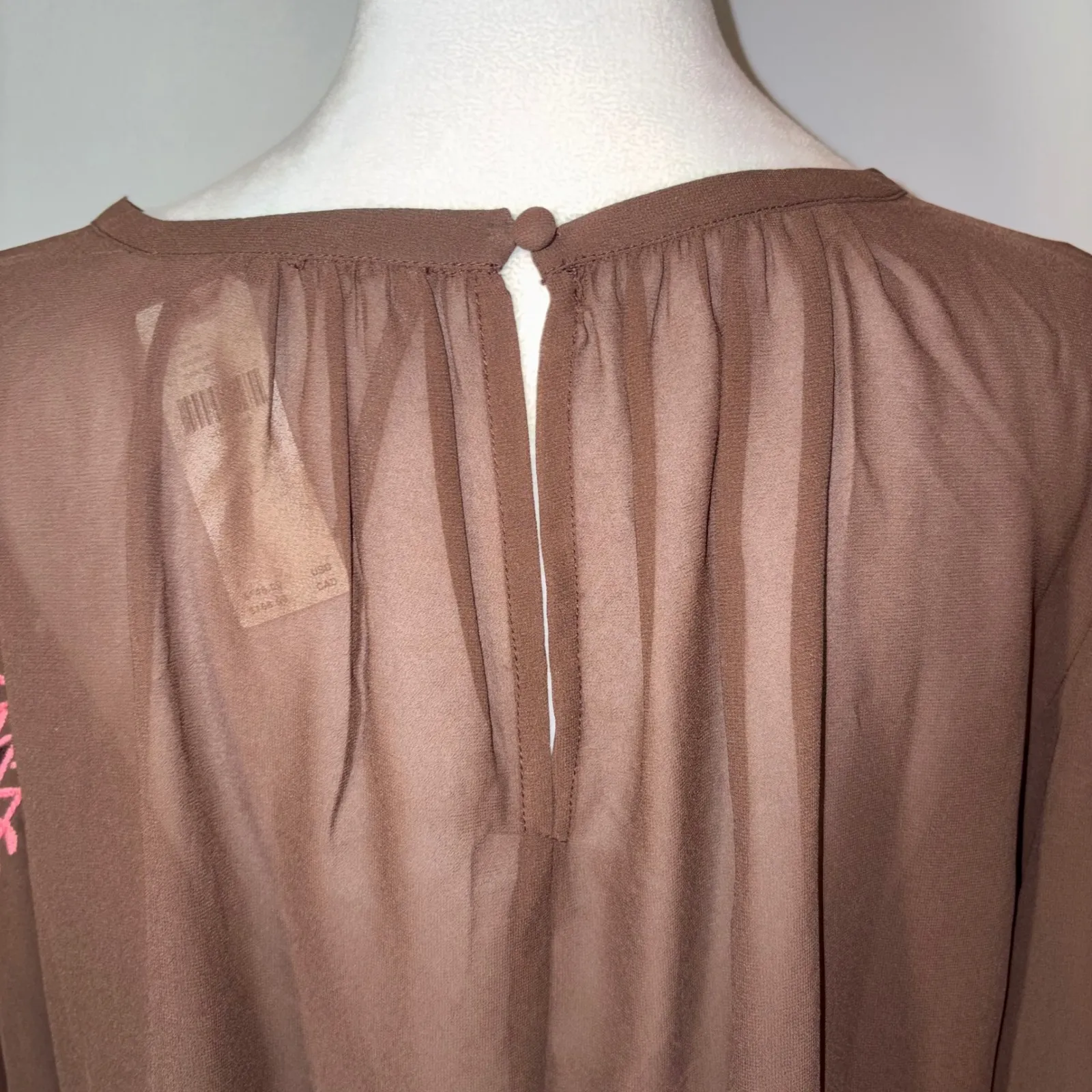 Anthropologie Long Sleeve Appliqué‎ Embroidered Sheer Brown Blouse Top Size L - Image 5
