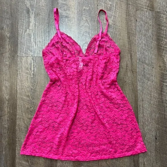 2000s Y2k Gilligan Hot PInk Babydoll Lace Mesh Sheer Mini Slip/Cami‎ Womens M Size M - Image 4