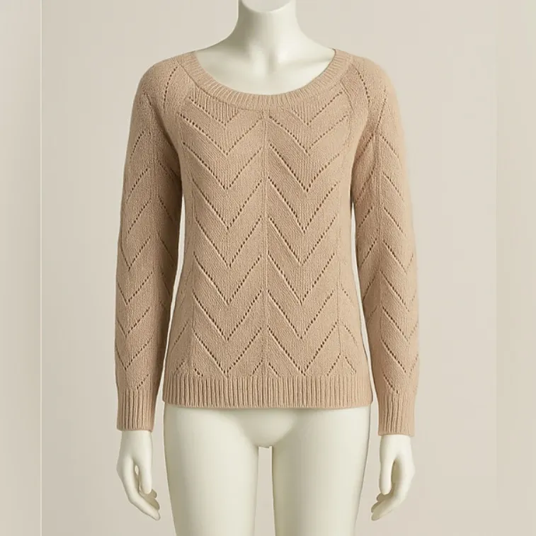 Olive & Oak Open-Knit Chevron Pullover Sweater – Beige – Size M – Cotton Blend - Image 2