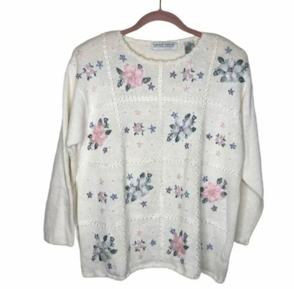 CAROLYN TAYLOR Floral Embroidered Sweater Size Medium VINTAGE - Image 3