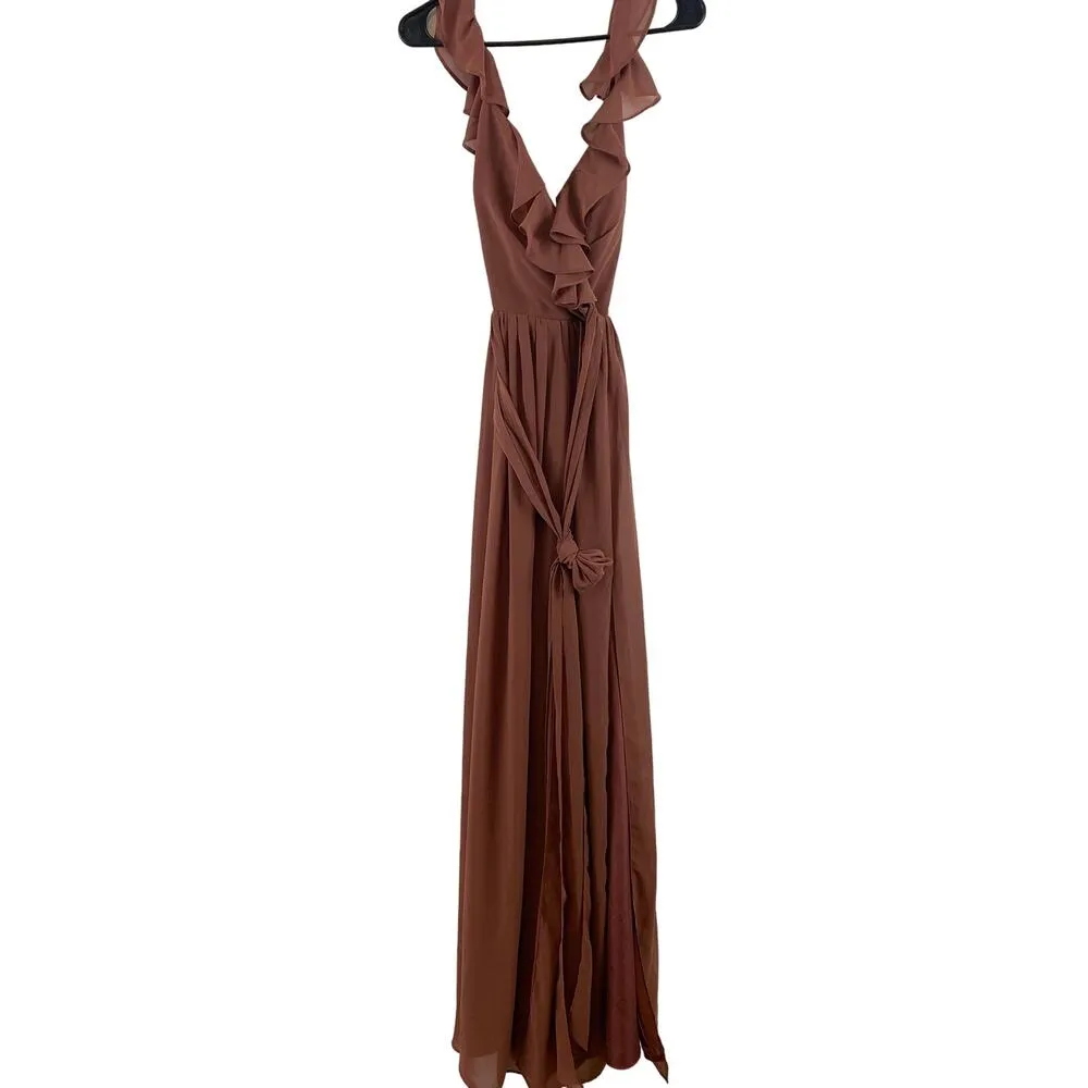 NWT Revelry Valerie Chiffon Faux Wrap Ruffle Maxi Gown Dress Cinnamon Rose 2 Brown - Image 4