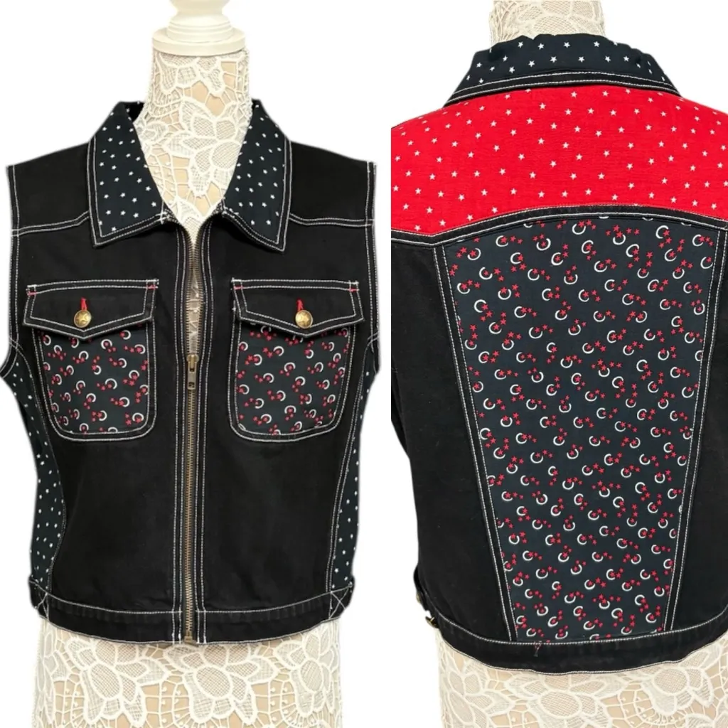 Carole Little Sport Black Zip Vest XL Star Moon Western Denim Style Vintage - Image 2