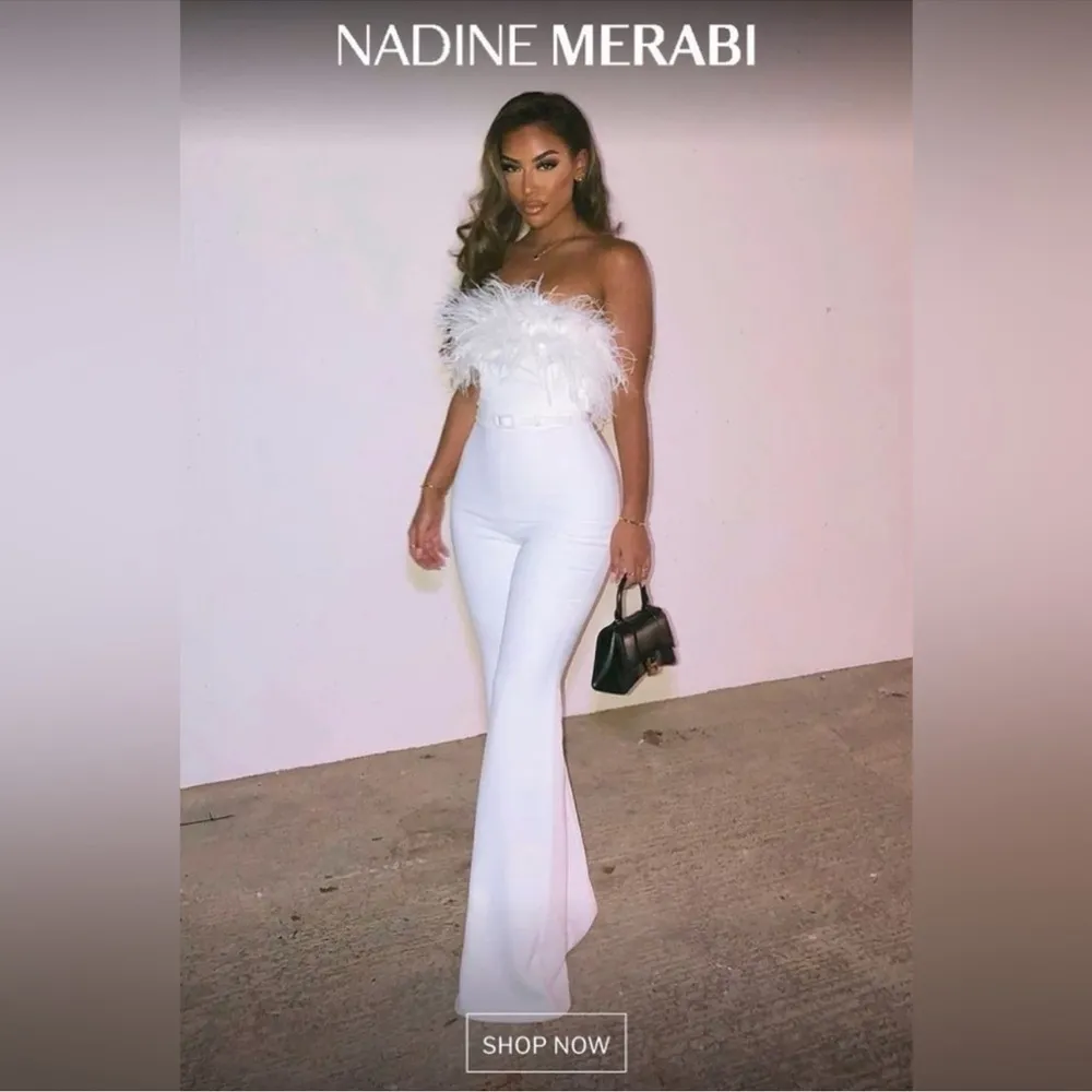 NWOT NADINE MERABI Colette White Feather Strapless belted Jumpsuit sz 12 - Image 3