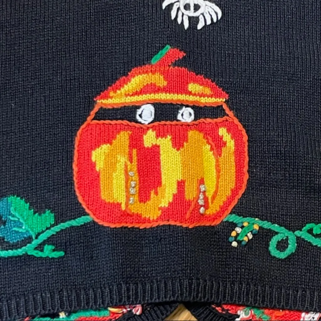 Vintage Cardigan Sweater Vest Halloween Knit Multicolor Embroidered Medium Orange - Image 7