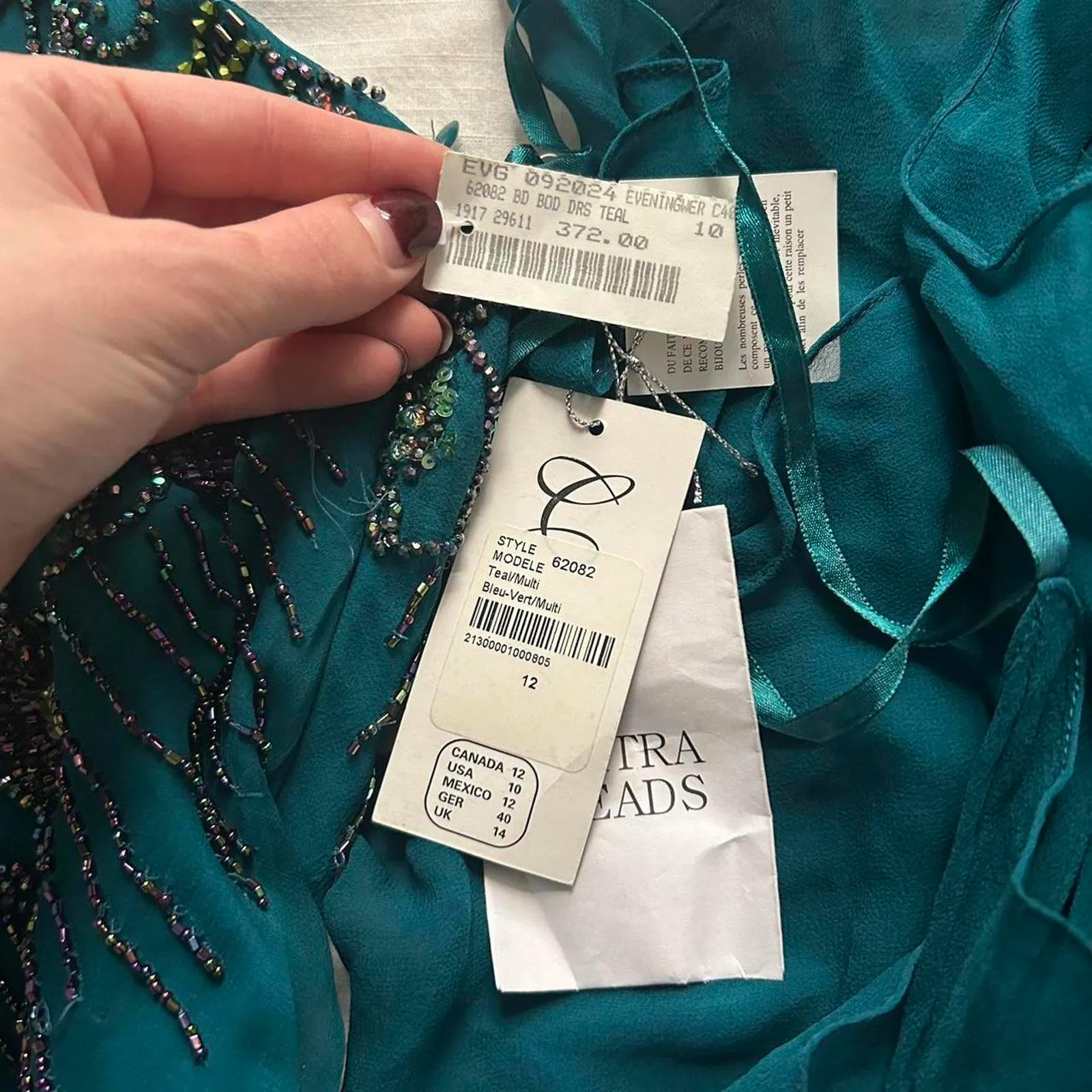 Deadstock vintage silk teal beaded dress with flutter mermaid asymmetrical hem Blue - Image 3