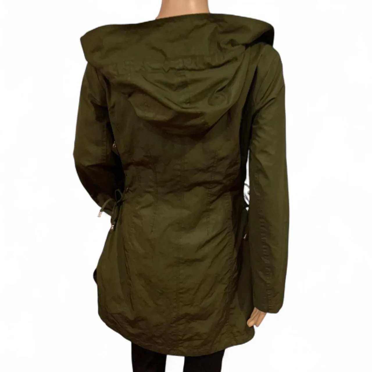 Guess Olive Green Hooded Utility Coat Size S Lace-Up Sides Lightweight Outerwear - Image 5