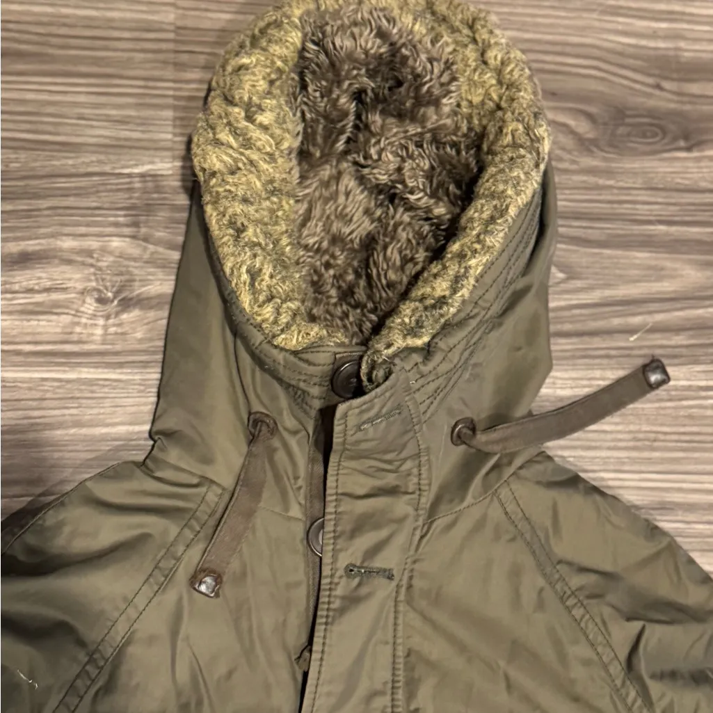 Y2K American Eagle Bomber Jacket Small S Army Green Faux Fur Lined Hood Sherpa - Image 3