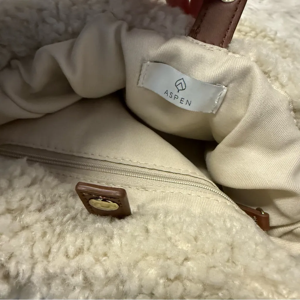 Aspen Sherpa Tote Bag Cross Body Cream Faux Shearling Brown - Image 6