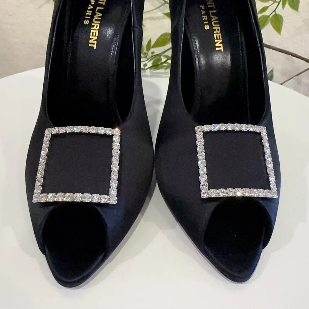 Authentic Saint Laurent Black Frankly 115 Satin Peep Pump Sandals Size 38.5 NIB - Image 3