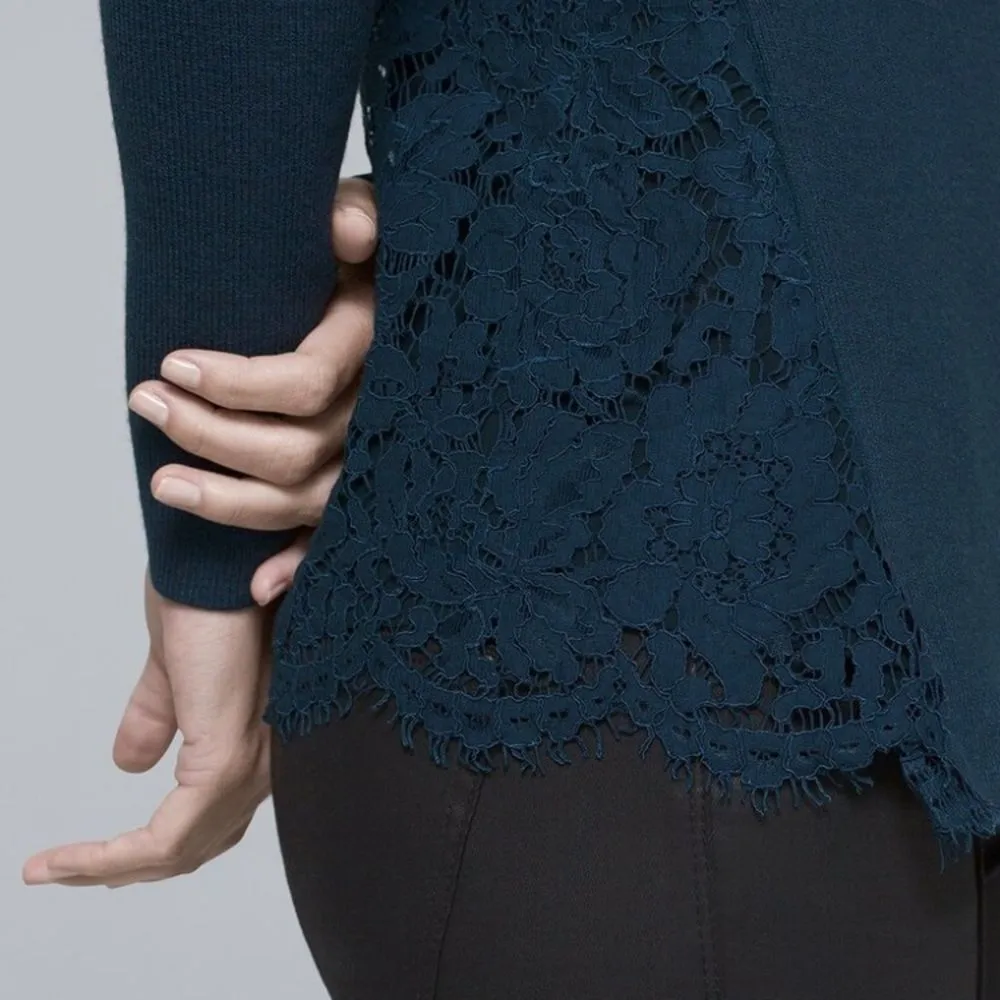 White House Black Market Blue Lace Back Knit Long Sleeve Boatneck Sweater Top S - Image 5