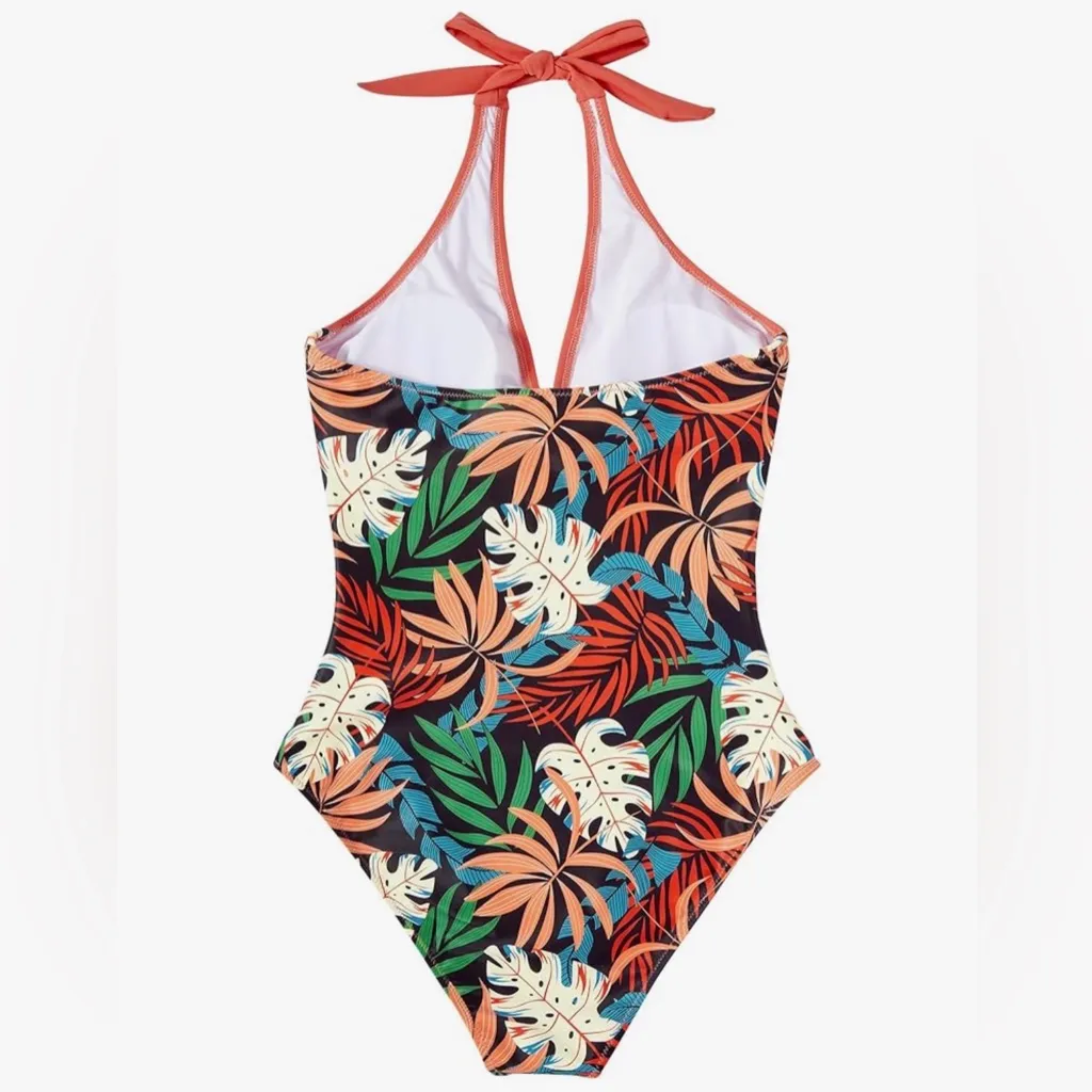NEW One Piece Tropical Swimsuit Bathing Suit Tummy Control Push Up Halter M Orange Size M - Image 7