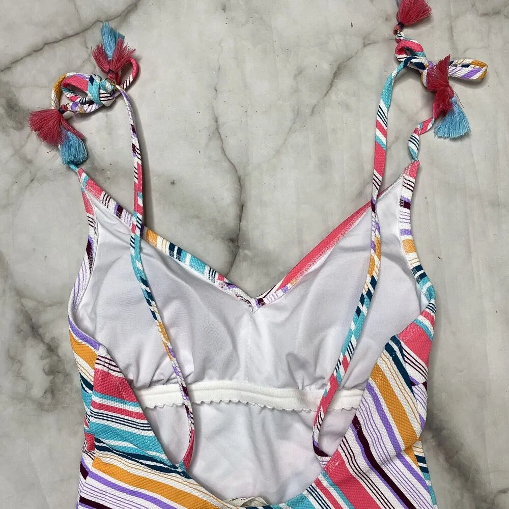 Jessica Simpson Womens Striped V-Neck One-Piece Swimsuit Tassel Tie XL New - Image 5