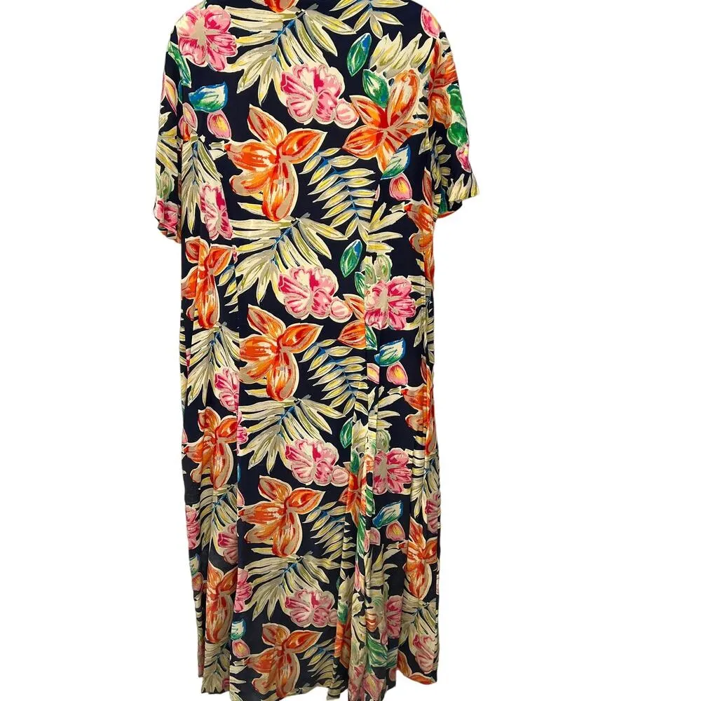 La Chine Plus Silk Shirt Dress Blue Tropical Floral Size 12W Short Sleeve Button - Image 2