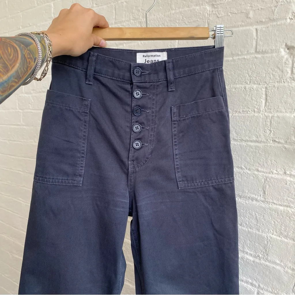 REFORMATION Alicia High Rise Straight Leg Button Fly Cargo Pants Navy/Gray Sz 25 - Image 14
