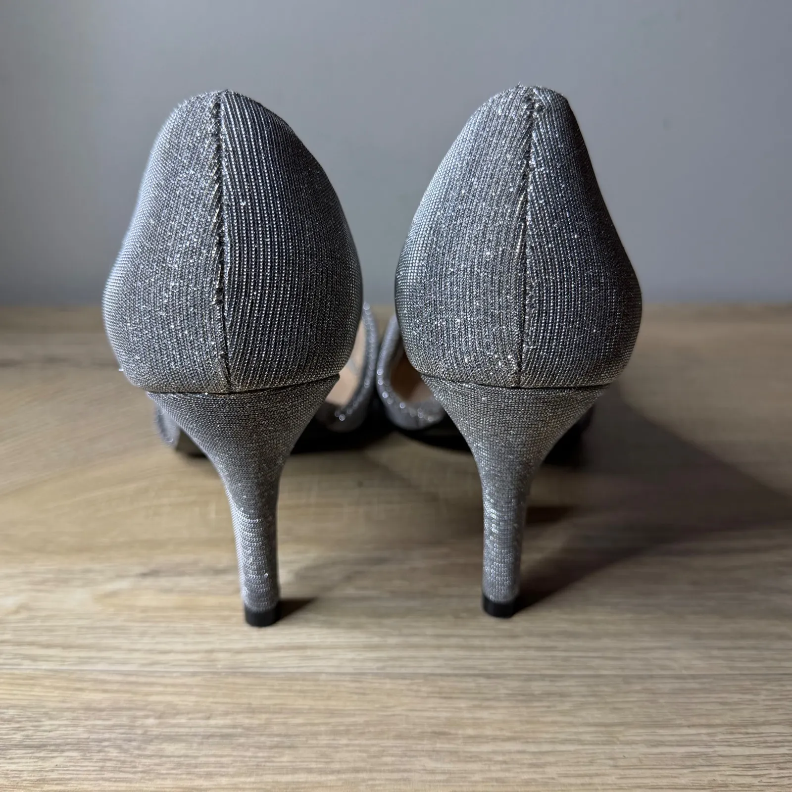 L. Miller Heels Silver Glitter Sparkly Knot Peep Toe Wedding Party Pumps 9.5 - Image 5