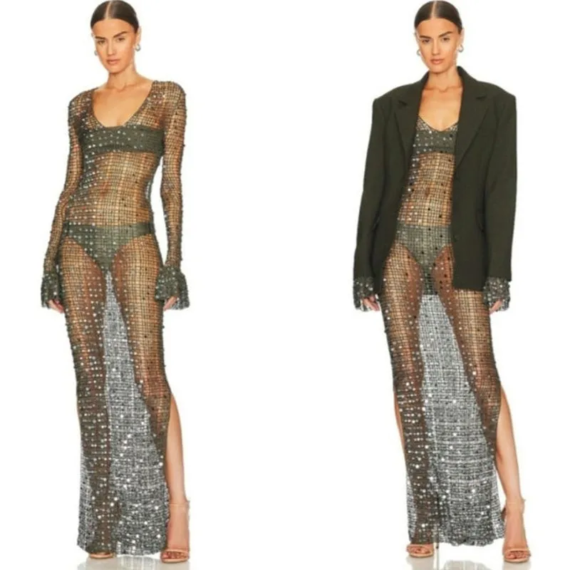 NEW‎ Aya Muse x REVOLVE Crochet Maxi Dress in Olive Green XL - Image 2