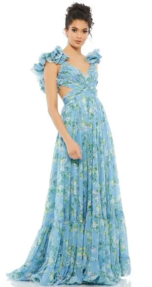 Mac Duggal Ruffle Tiered Floral Cut Out Chiffon Gown Blue Multi 67803 Size 2 - Image 1