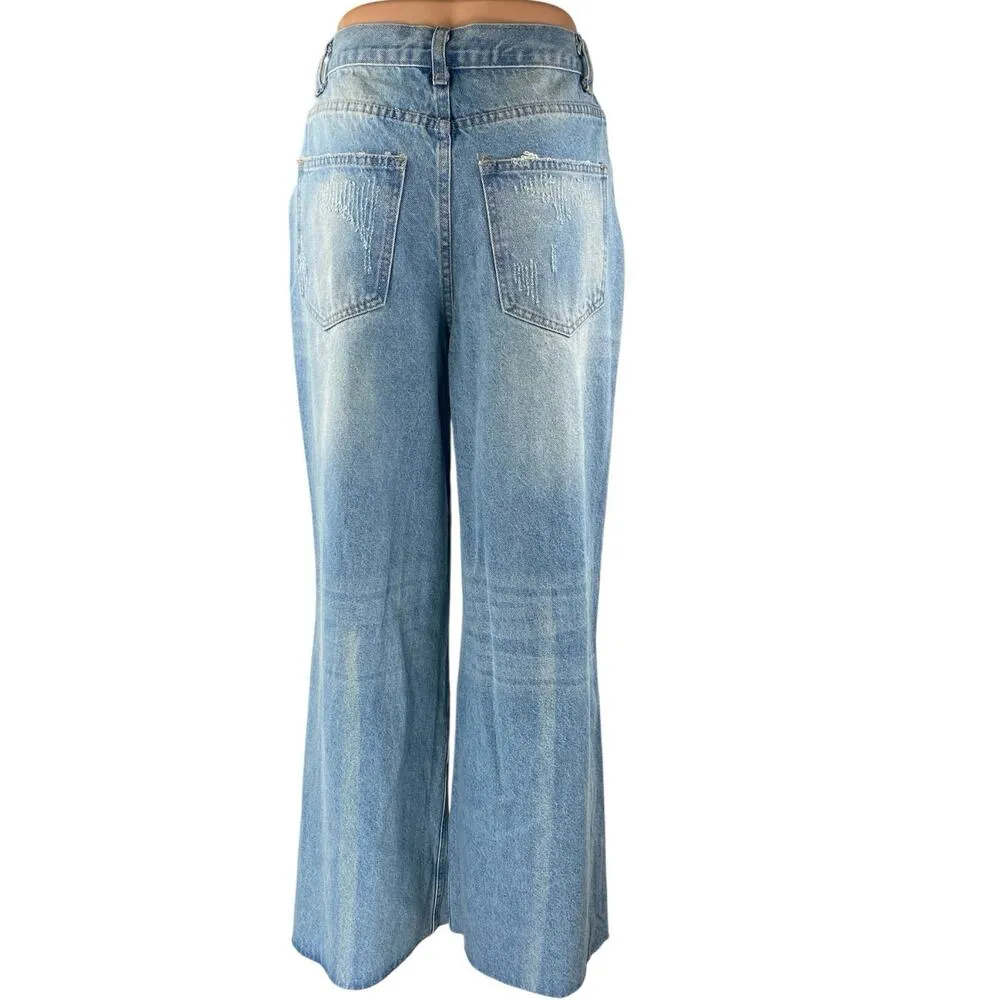 Signature 8 Womens Blue Distressed High Waist Wide Leg Baggy Denim Jeans Pants S - Image 3