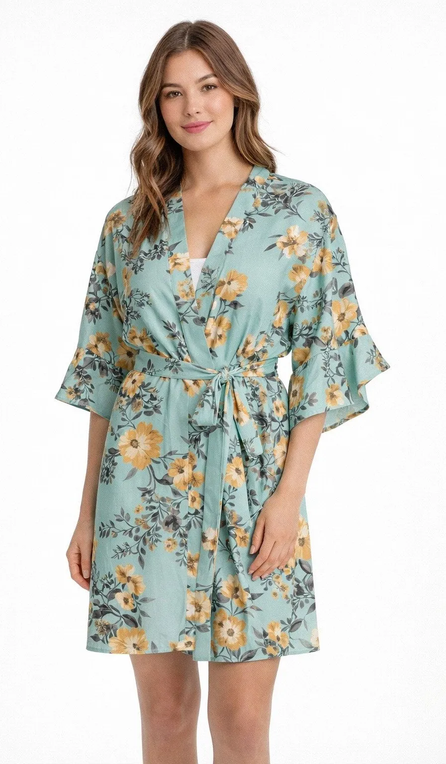 Birdy Grey Floral Kimono-Style Robe – Mint & Mustard size XS - Image 1