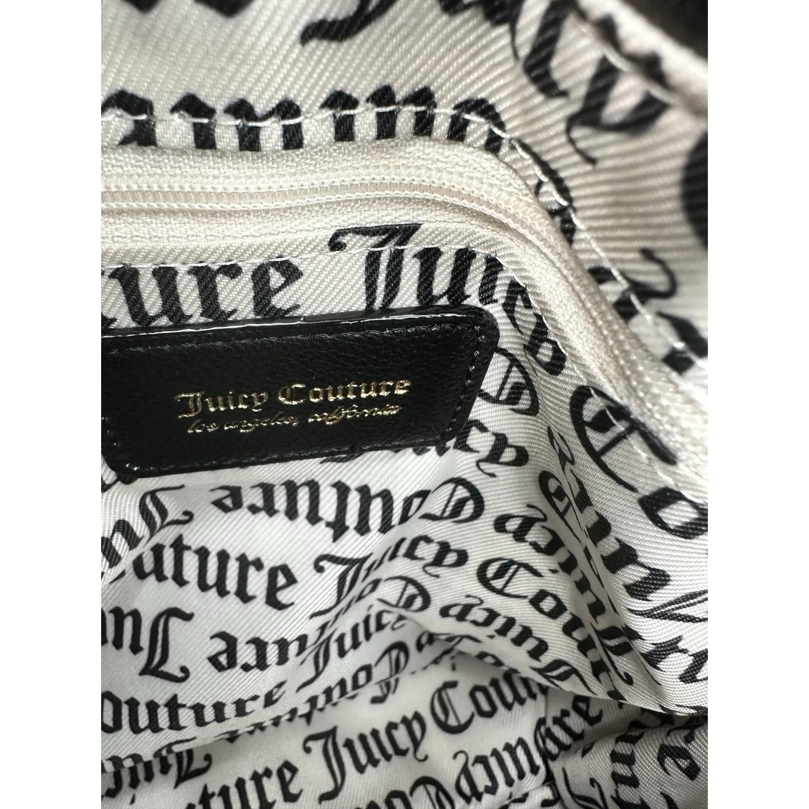 Juicy Couture Black Monogram Tote Shoulder Bag Gold Heart Lock Key Charm Purse - Image 8