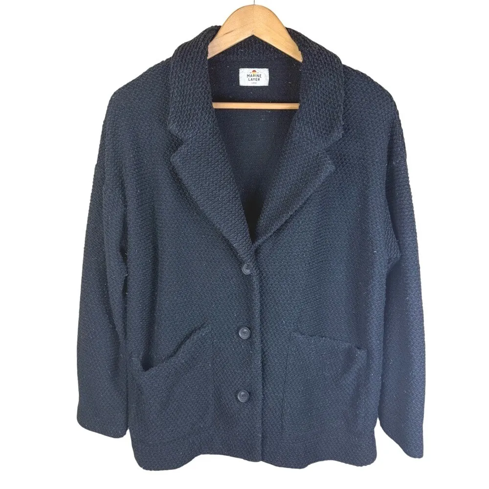 MARINE LAYER Size Large Bird's Eye Notch Lapel Blazer In Black Textured Comfy - Image 2