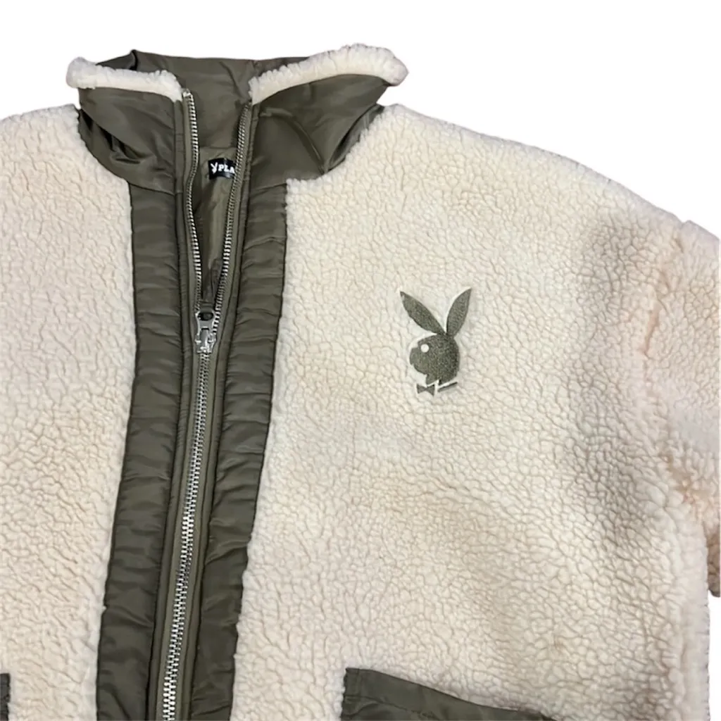 Playboy x Missguided Jacket Bomber Fleece Bunny Logo Ivory Olive Women’s Size 4 - Image 4