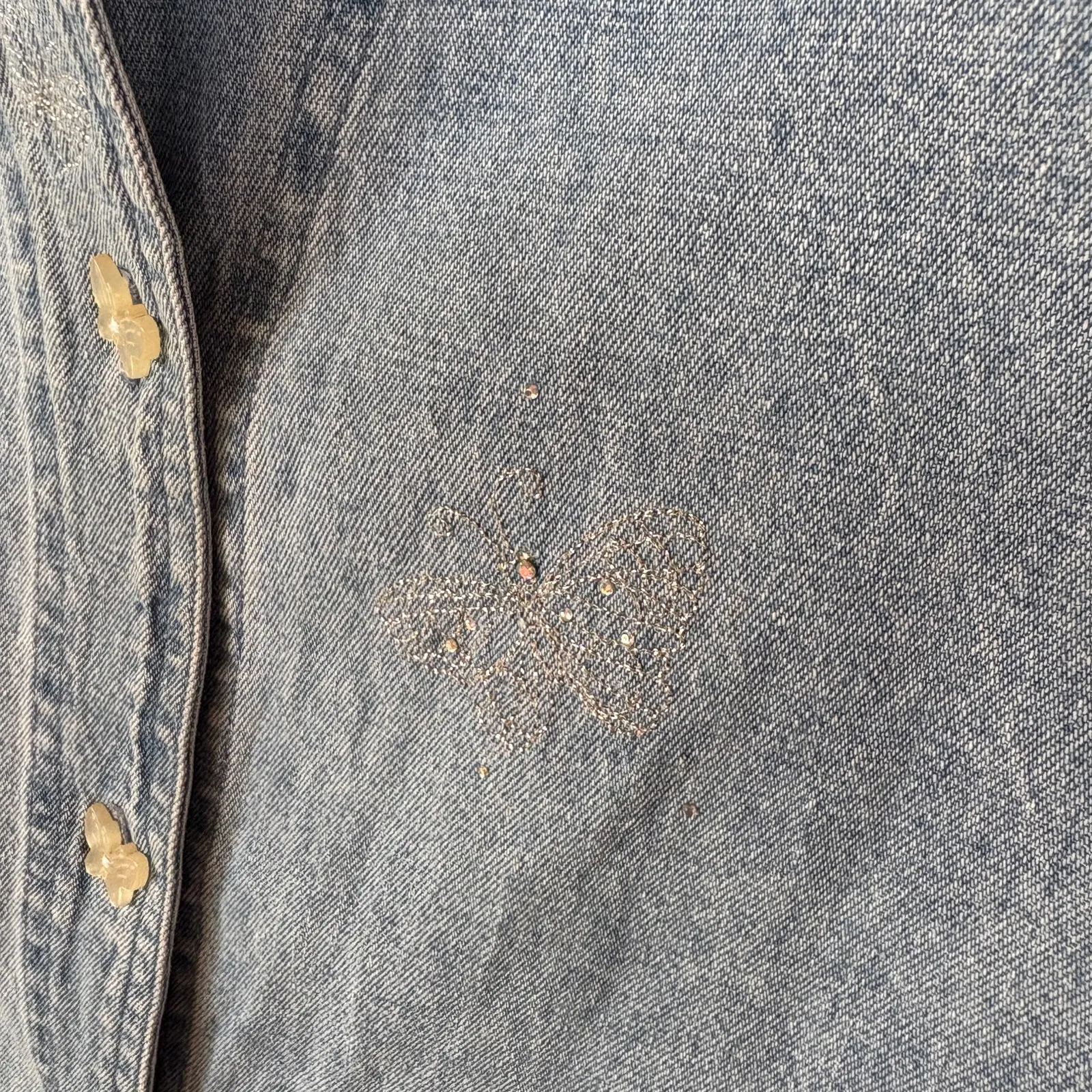 Vintage Denim Butterfly Vest Bedazzled Garden Lightwash Jean Top Coastal Grandma Blue Size XL - Image 4