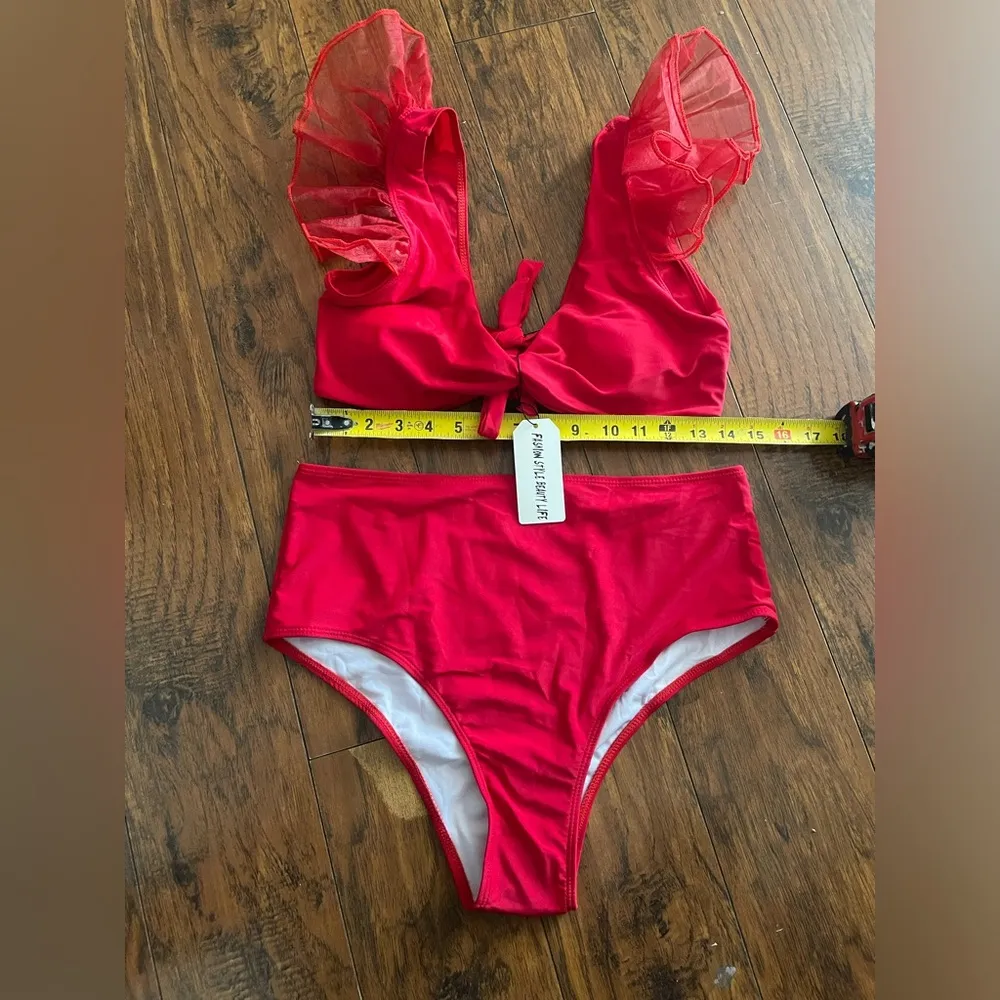Women High Waisted Swimsuit tulle bow Bikini Twist Front Bathing Suit XL Red - Image 6