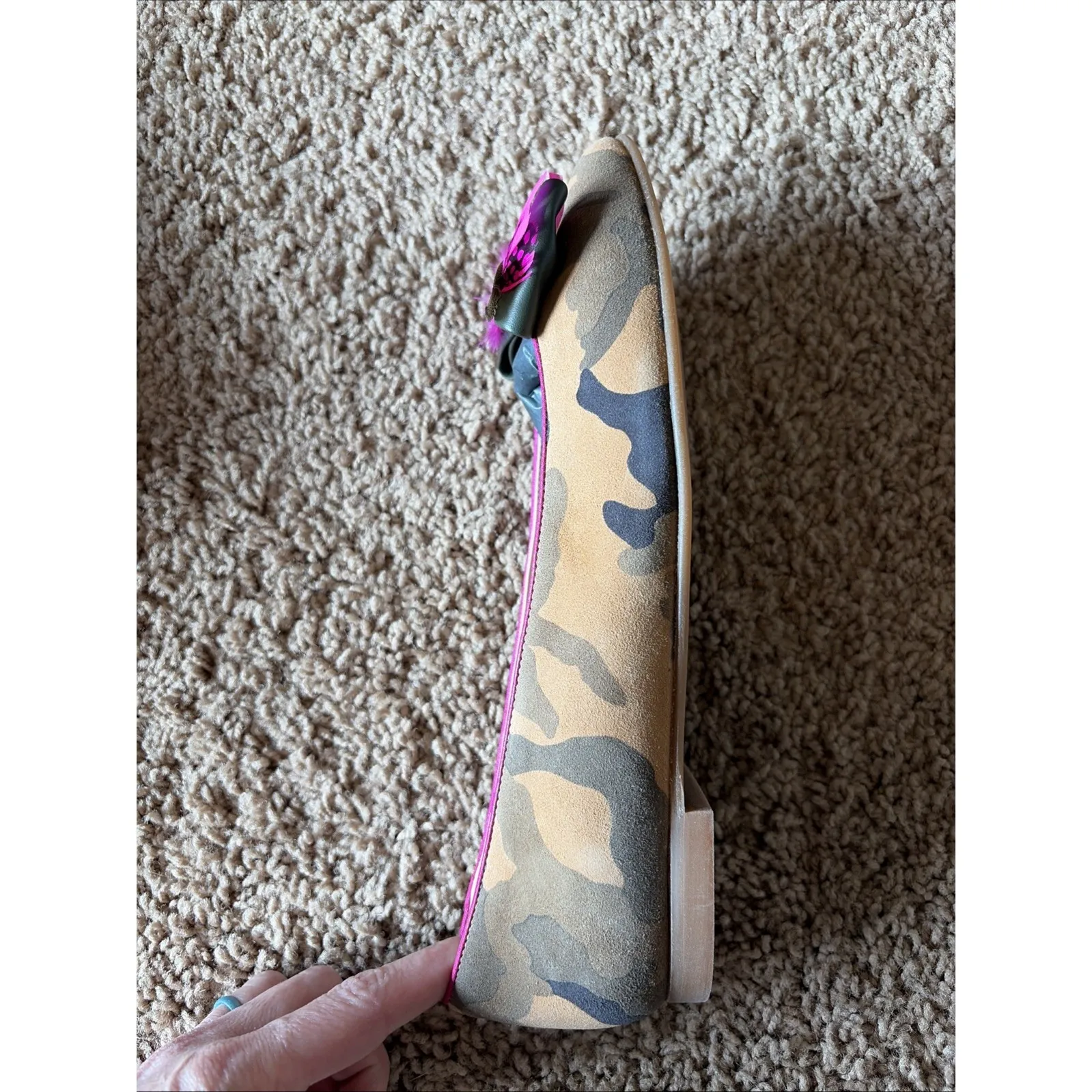 Dream Walkers Artemisa Feather Bow Camo Suede Pointed Flat Shoe 38 Handmade NEW Brown Size 7.5 - Image 6
