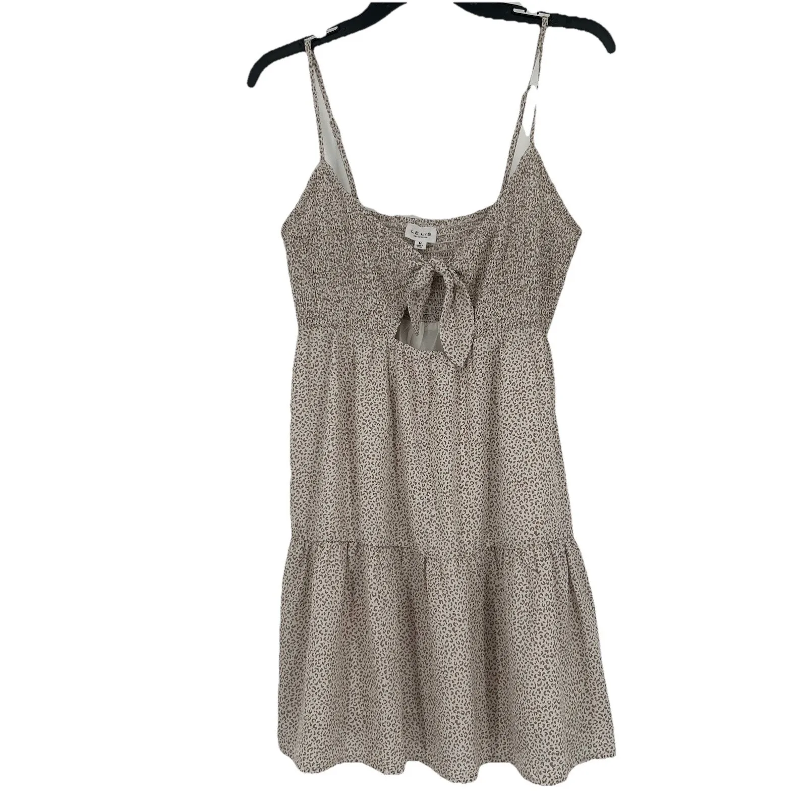 Le Lis Smocked Sundress White Brown Animal Print Tiered Tie Cut Out Size M - Image 2