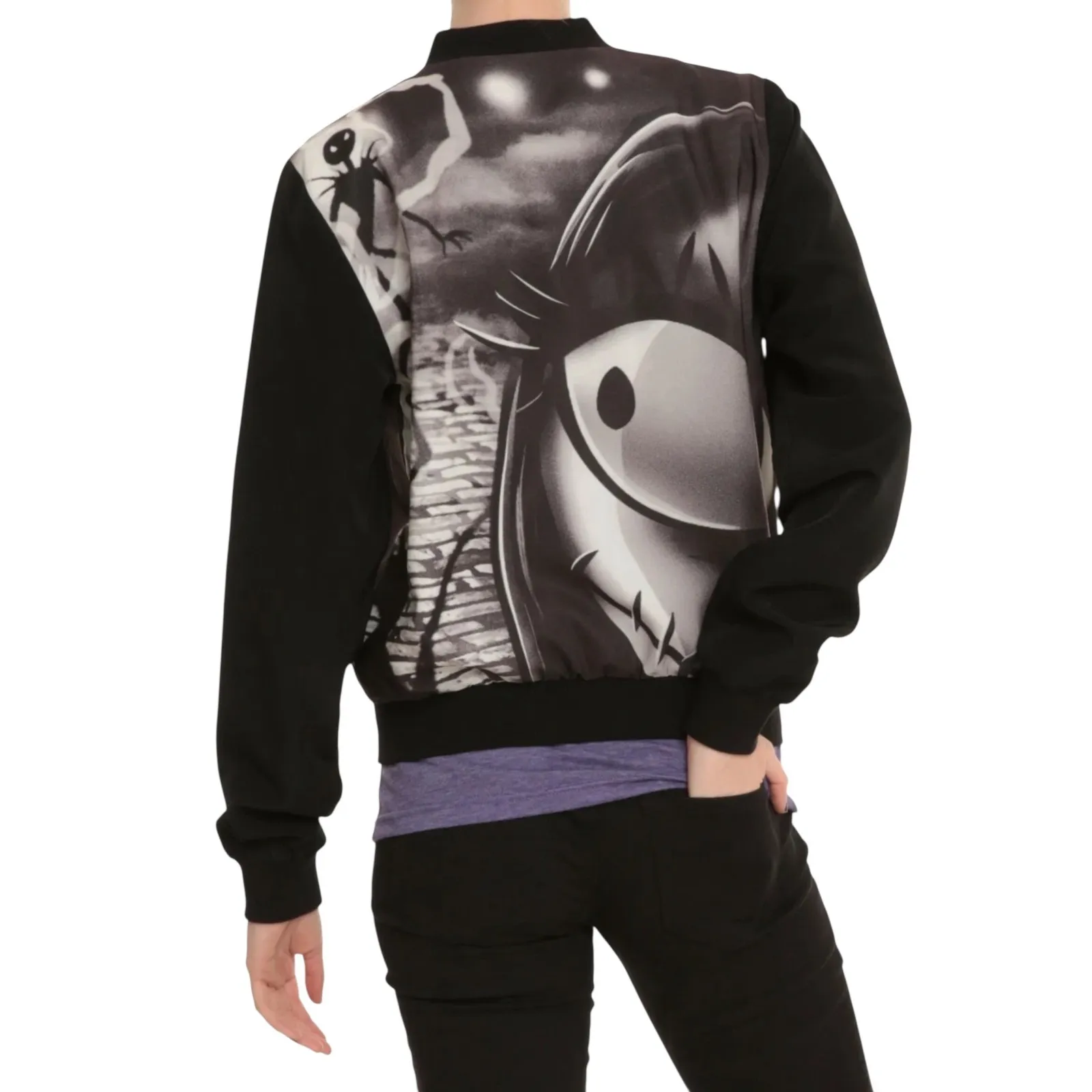 Nightmare Before Christmas Bomber Jacket Medium Halloween Zip Up Black 1676‎ - Image 2