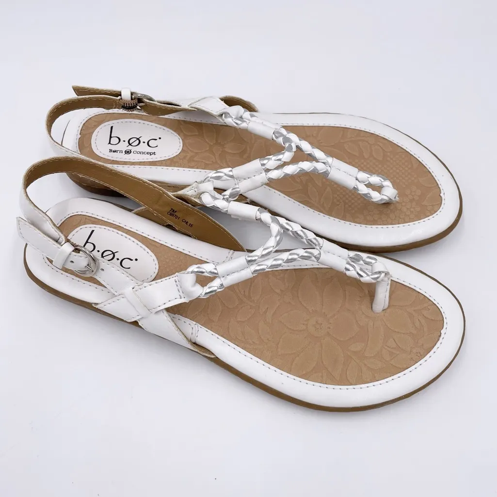 B.O.C Born Concept White Silver Faux Leather Braided Slingback Strappy Sandals 7 - Image 3