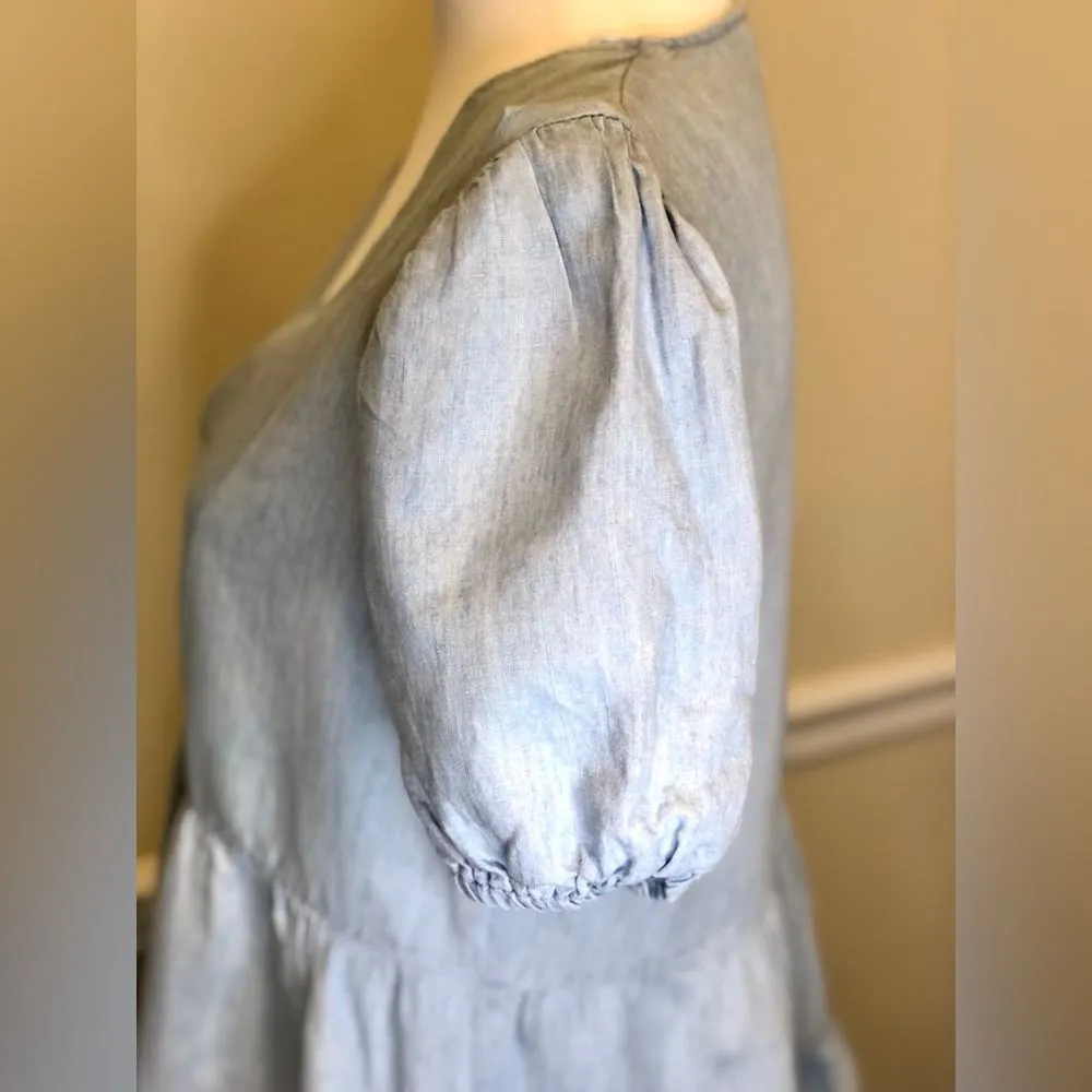 ZARA Blue V-Neck Short Puff Sleeve Babydoll Dress w Tiered Skirt Sz MD - Image 5