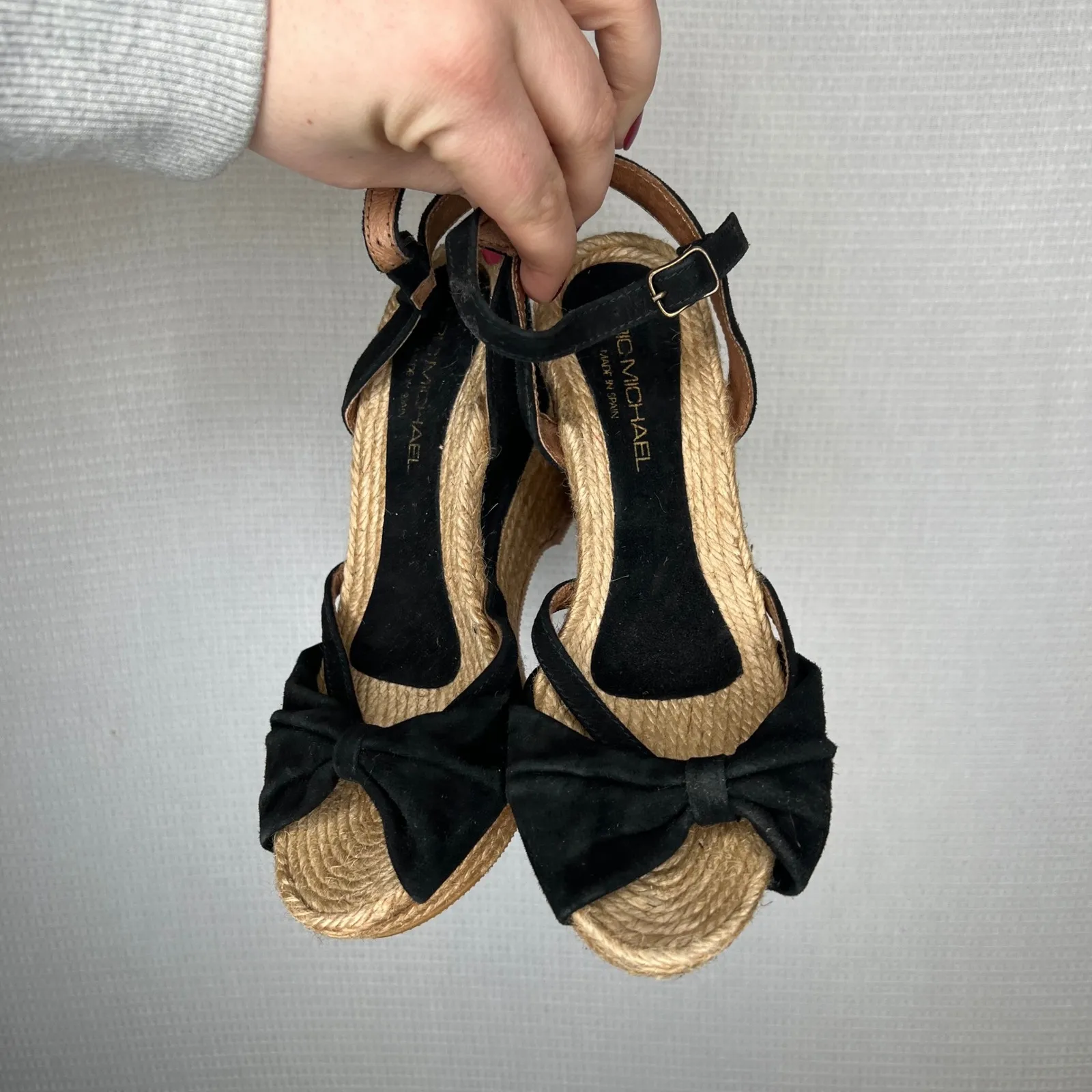 Eric Michael Black Suede Espadrille Wedge Sandals Bow Ankle Strap Size 35 - Image 2