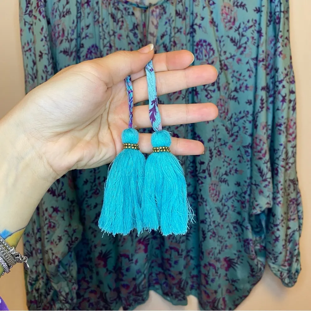 Sundance | Arielle Tassel-Neck Floral Silk Modal Peasant Blouse Teal Blue Sz XXL - Image 6