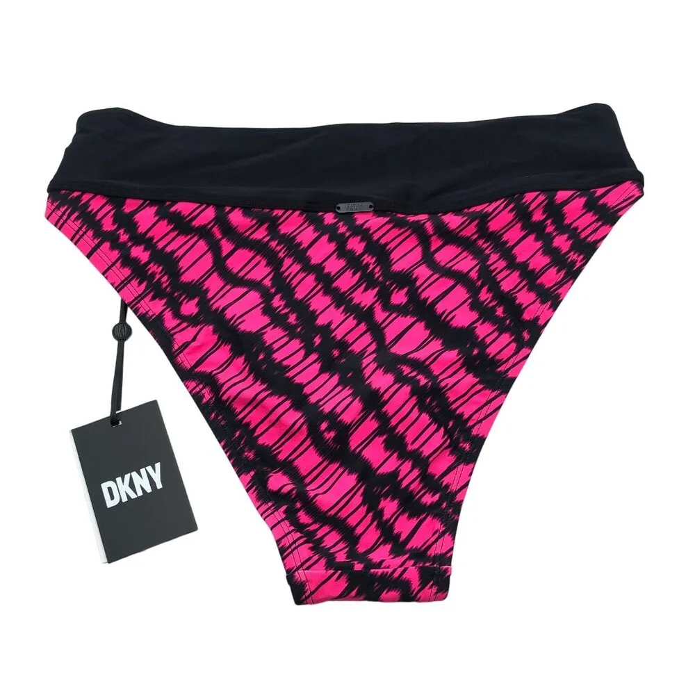 DKNY Womens High-Waist Bikini Bottom Black Pink 4-Way Stretch Pink Black Size L - Image 3