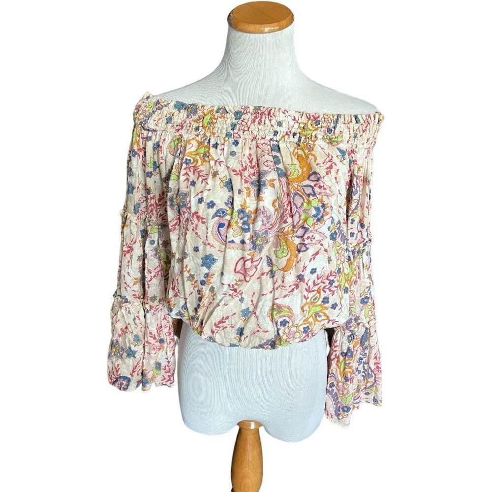 Womens Free People Free Spirit Bell Sleeve Retro Floral Print Top - Sz XS - Image 3