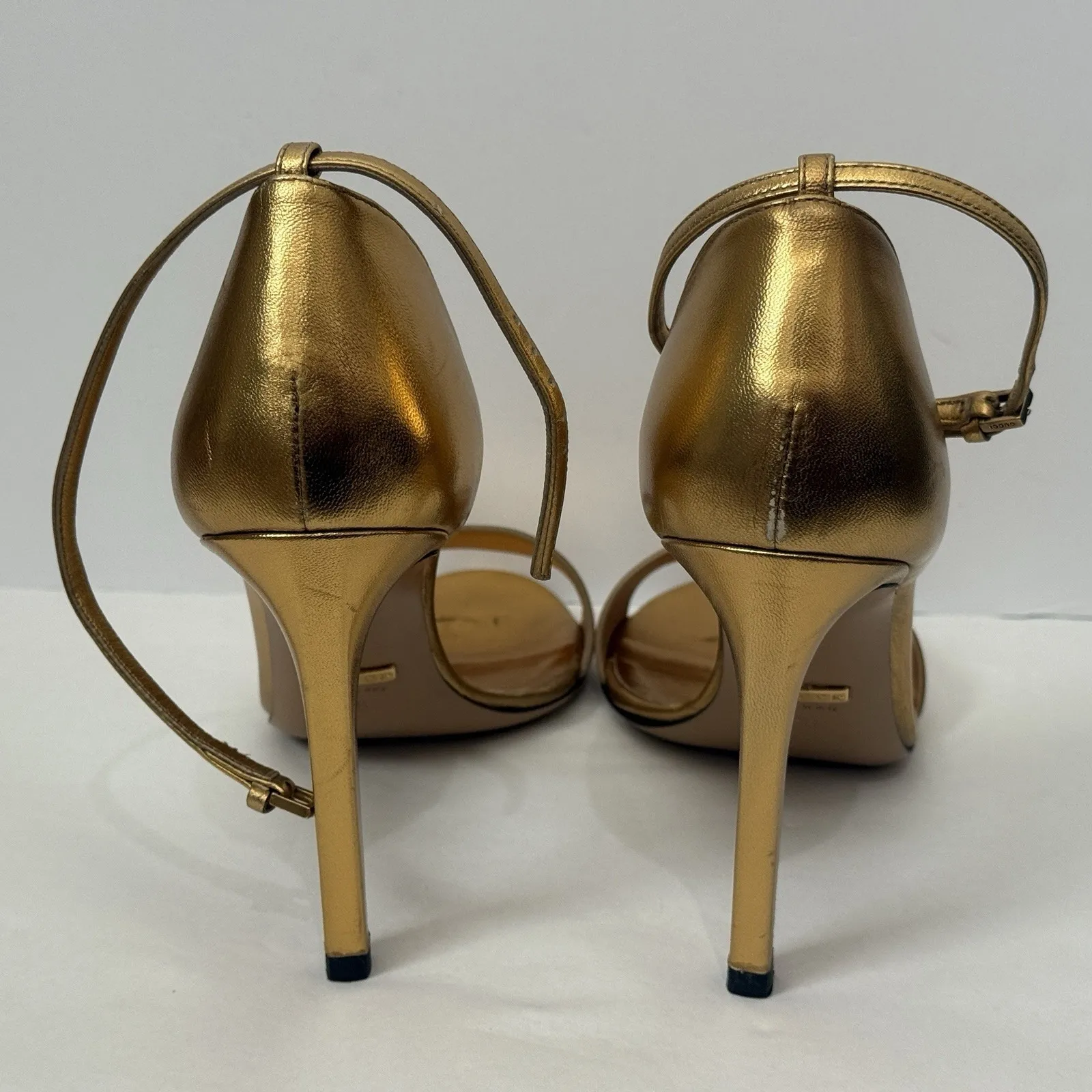 Gucci Gold Metallic Leather Cara High Heel Strappy Sandals Women's Size EU 38 - Image 6