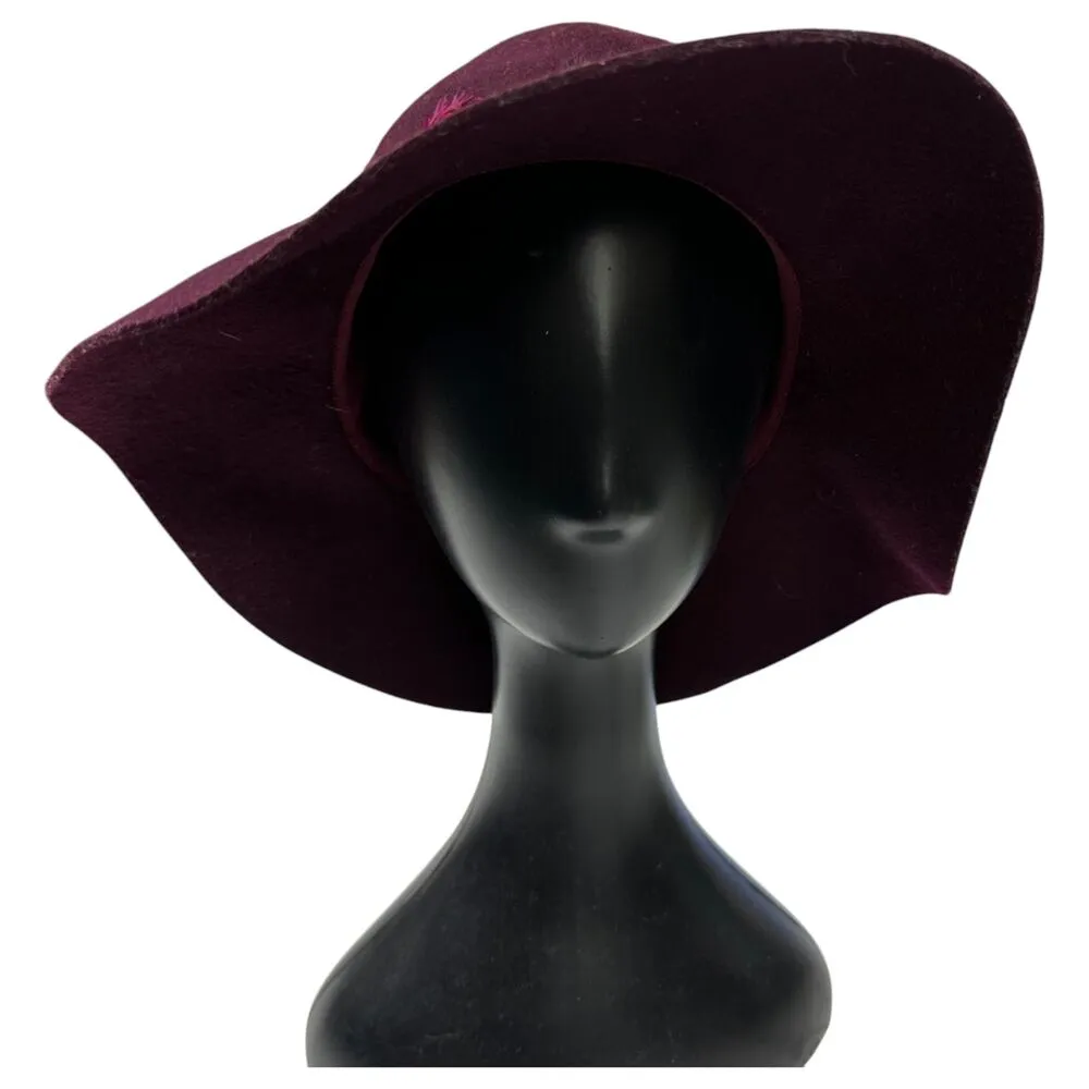 Juicy Couture Wool Burgundy Wide Brim Floppy Sun Hat Feather Details One Size - Image 4
